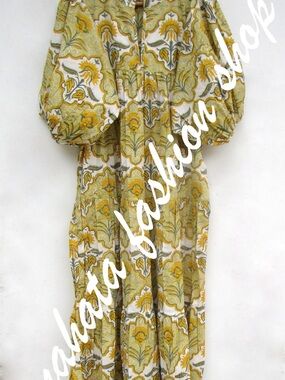 Block Print Maxi Dress in Olive and Yellow